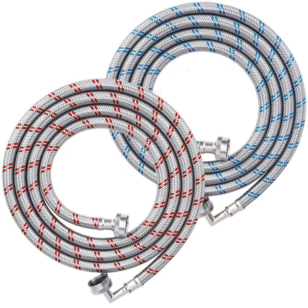CTRLZS Burst-Proof 4FT Washing Machine Hoses Set- 2 Pack Core Braided Stainless Steel Washer Hoses Including 90 Degree Elbow