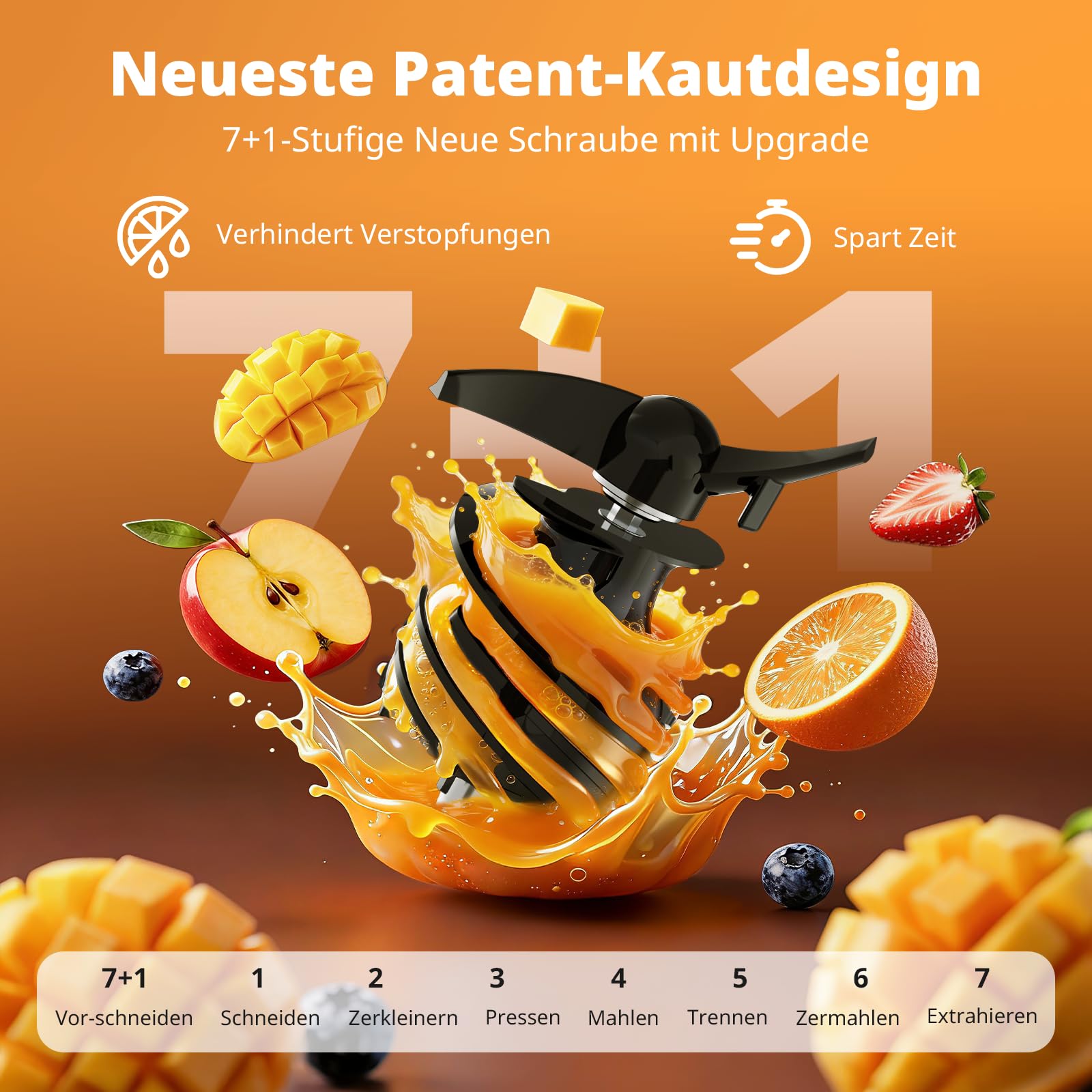 AIRMSEN Entsafter Slow Juicer mit 147mm Extra Großem Einfüllschacht, 2,1L Kapazität, 300W Motor, 7+1 Stufen Verbesserte Slow-Spirale, Hohe Saftausbeute für Ganze Früchte und Gemüse