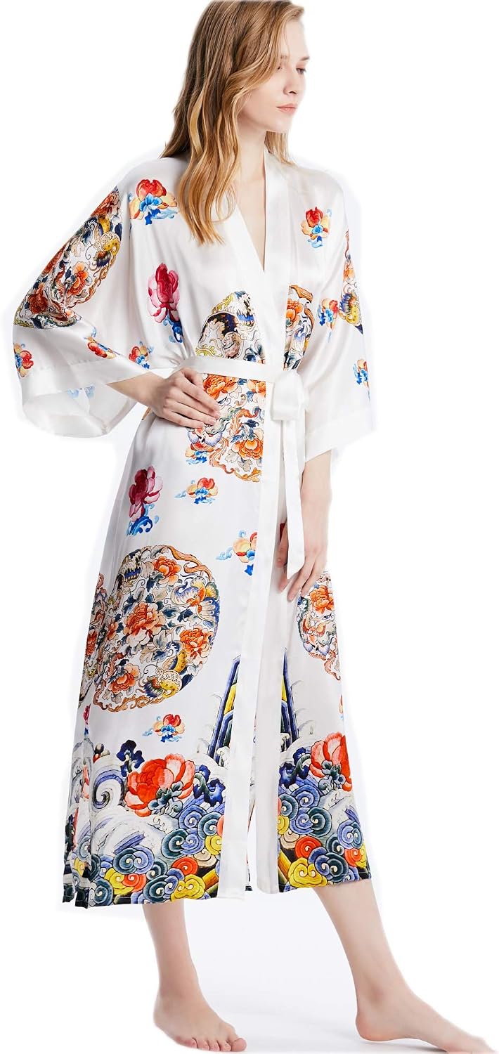 Vestaglia kimono Prettystern in seta, modello lungo, stile giapponese