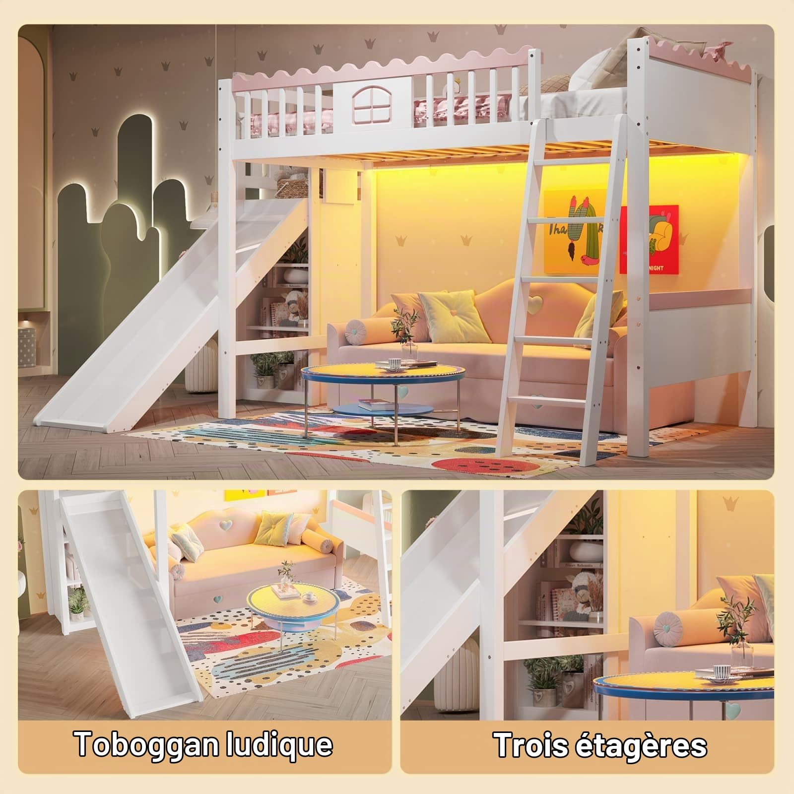PUGSDRLY Lit Mezzanine 1 Place avec Toboggan et étagères,Lit Mezzanine Fille 90x200cm avec éclairage LED,Cadre en Bois de Pin,Enfant,Certifié EN747,Blanc (Blanc-B)