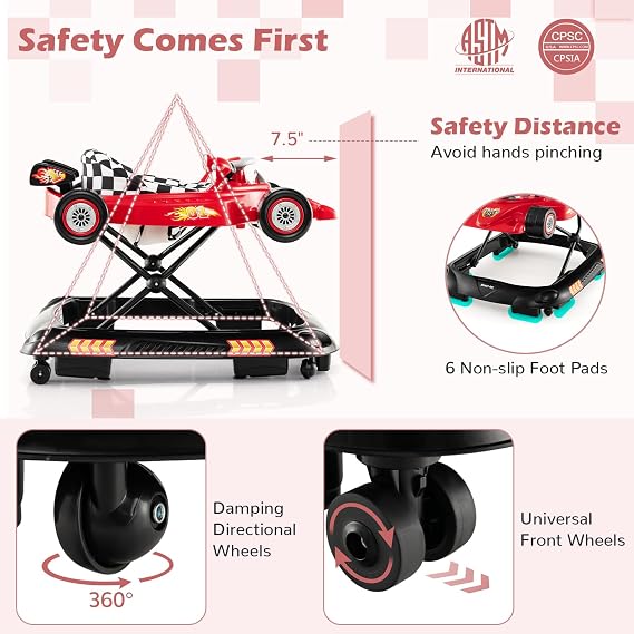 BABY JOY 4-in-1 Baby Walker, Foldable Activity Walker with Adjustable Height, Music & Lights, Anti-Rollover, Toddler Push Walker, Baby Walker with Wheels for Boys Girls 6-14 Months (Red)