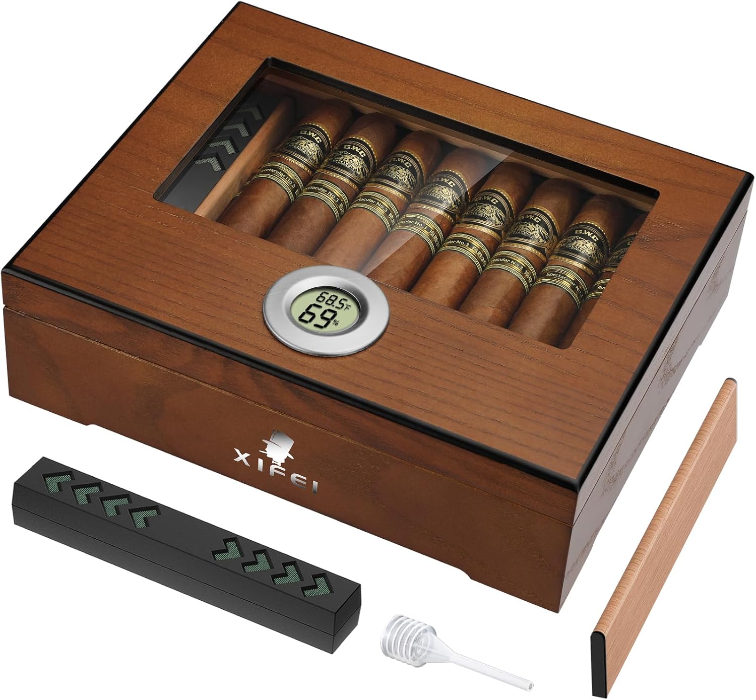 XIFEI Cigar Humidor, Cedar Wood Desktop Humidors with Digital Hygrometer, Humidifier & Divider, Cigar Gift for Men, Glass Top Cigar Humidors Holds 20-35 Cigars