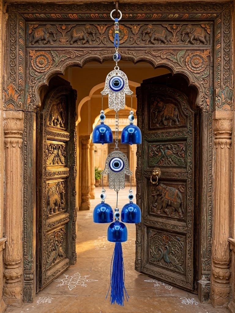 Hamsa Hand Evil Eye Wind Chimes Wall Hanging for Decoration with Bells and Tassel, Blue Color Musical Sound for Positivty-image-10