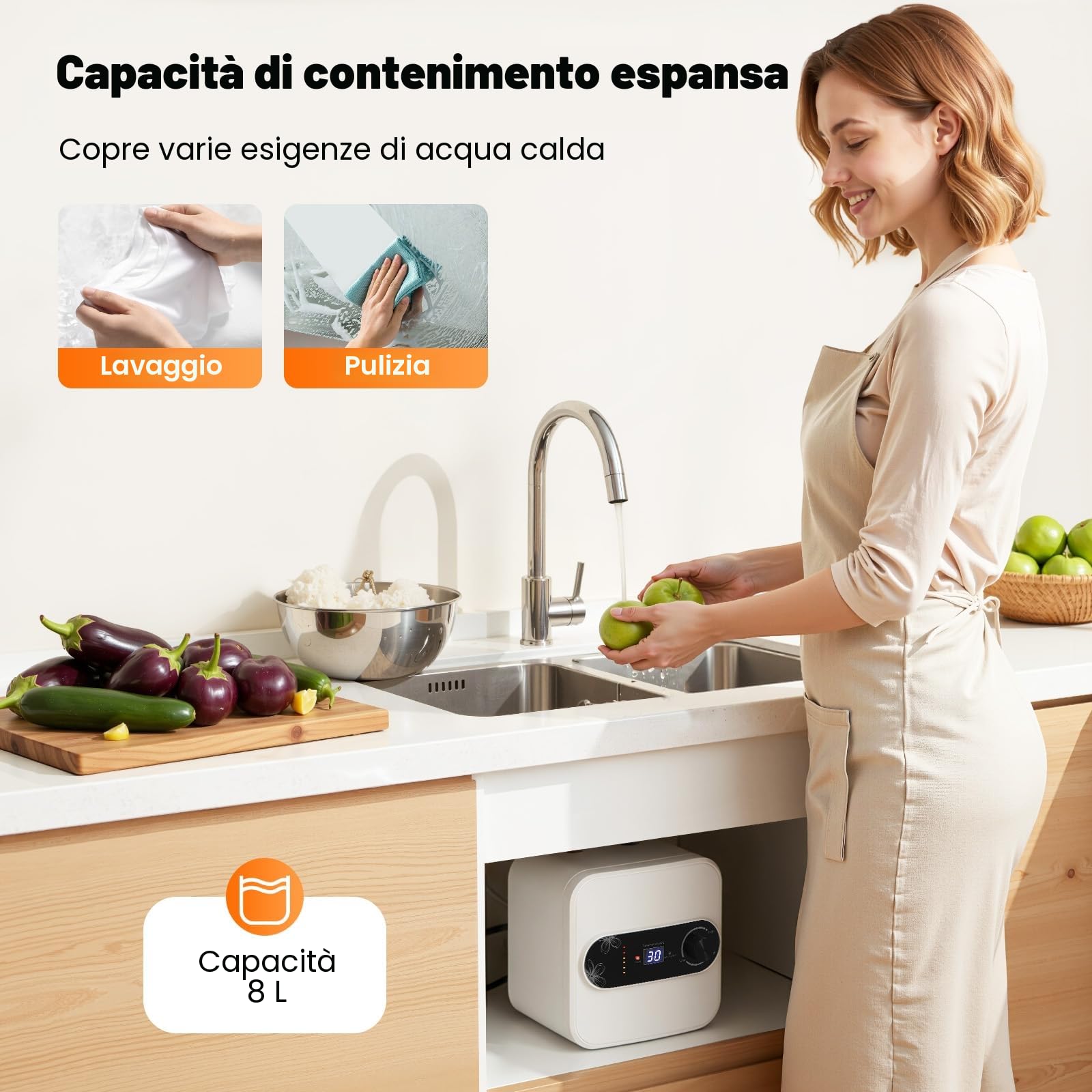 Mini scaldabagno istantaneo da 8 l, 1500 W, 220 V, display digitale a LED, da incasso, montaggio a parete, per cucina, bagno, lavabo, lavabo