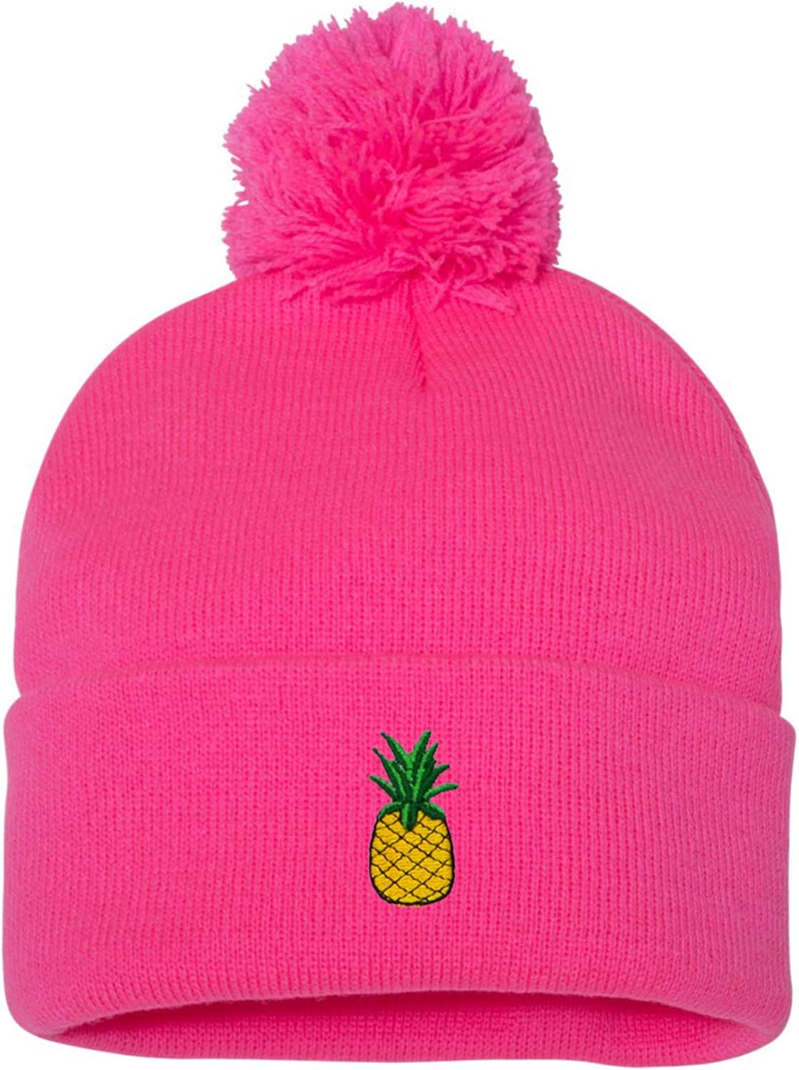 Embroidered Pineapple Thick and Warm Skull Cap Cuffed Pom Beanie Men Women Kids