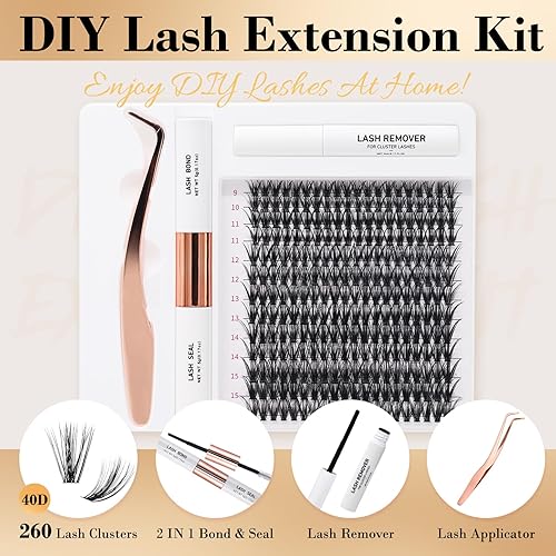 Miniatura 2 de Kit de extensión de pestañas para bricolaje, 260 unidades, kit de pestañas individuales en racimo 0.07D, 0.354-0.630 in, kit de extensión de