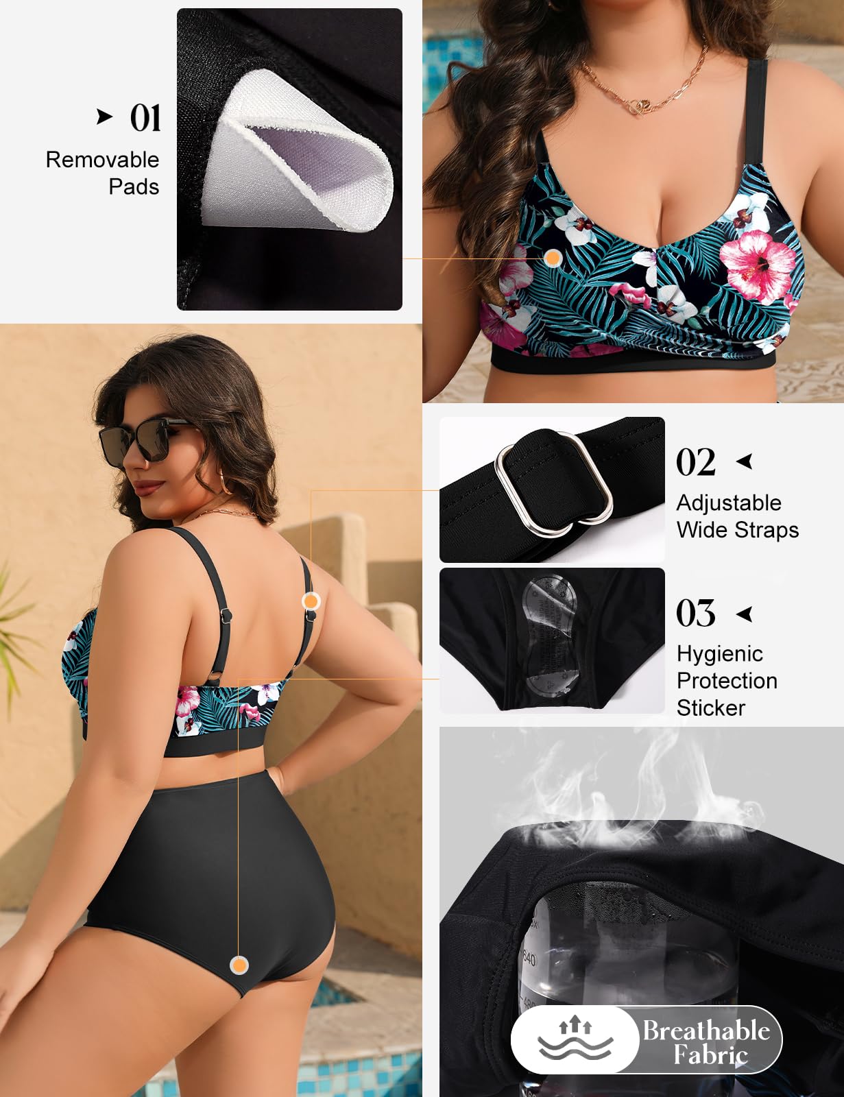 heekpek Maillot de Bain Femme 2 Pieces Grande Taille Bikini Taille Haute Col en V Maillot de Bain Ventre Plat Femme Push Up Rembourré Ensembles Maillots Deux Pièces