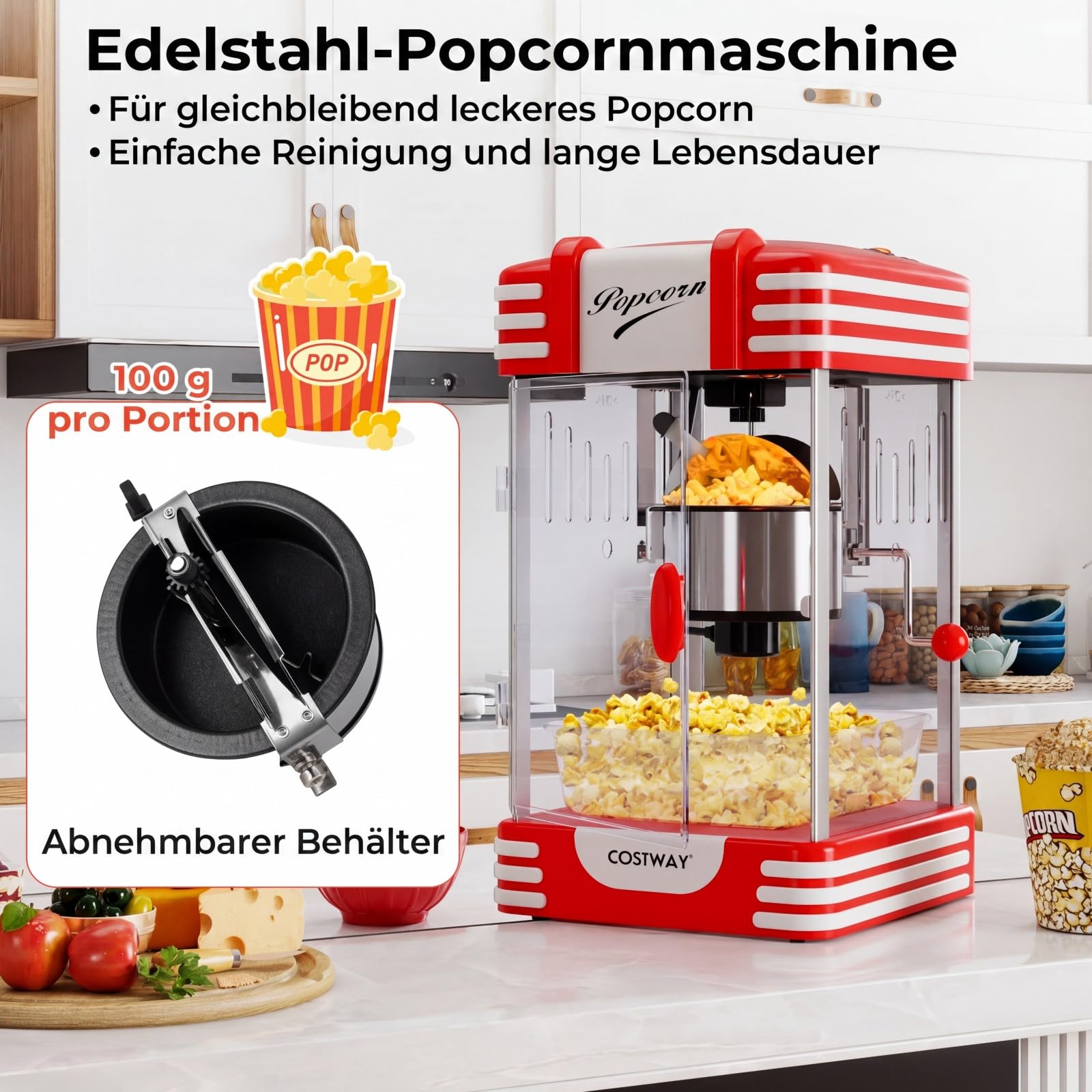 COSTWAY Retro Popcornmaschine, Popcorn maschine mit Warmhaltelicht & Edelstahlkessel & integriertes Rührsystem, Popcorn Maker im 50er still für Filmabende, Party, Rot