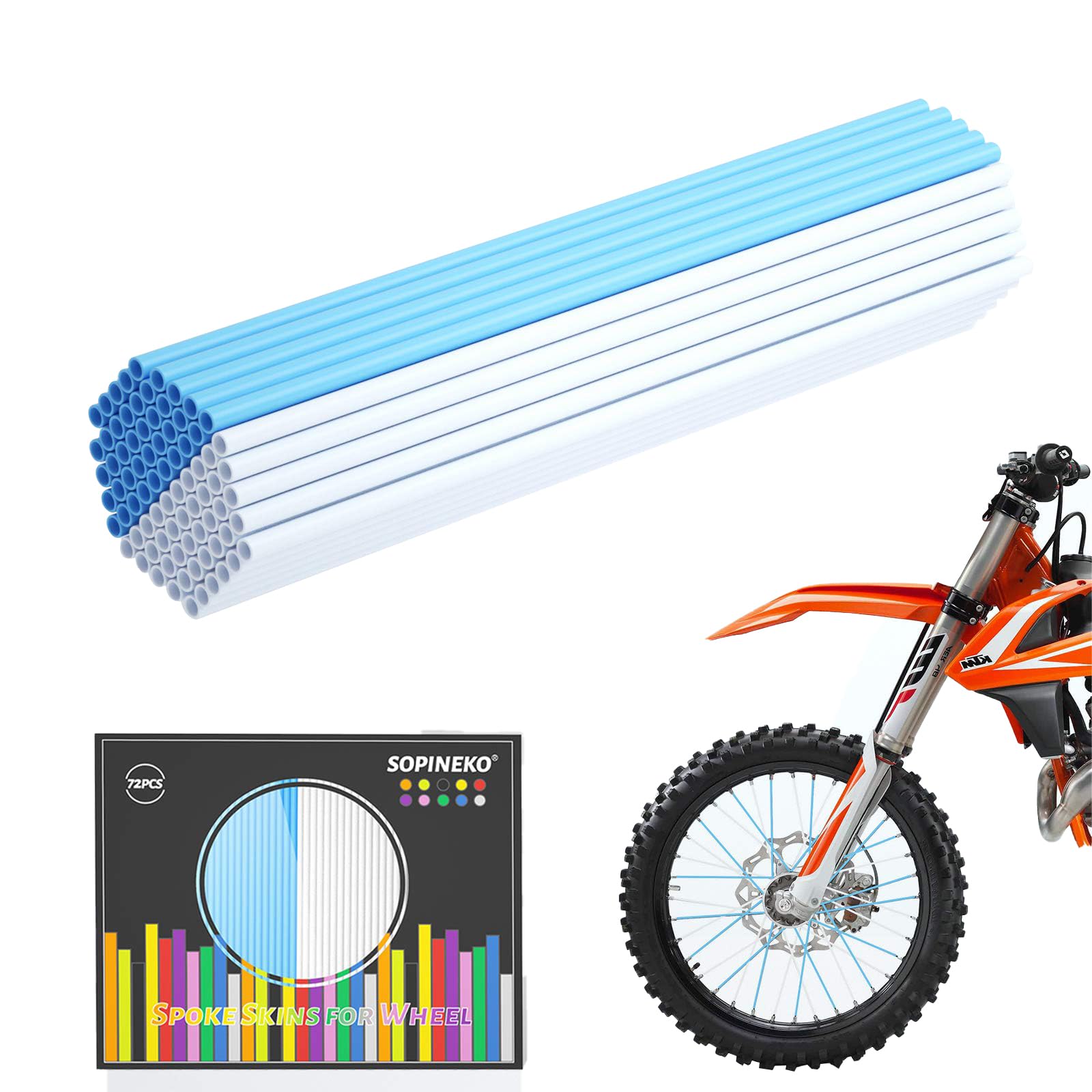 72Pcs Spoke Skins Covers Spoke Wraps Wheel Decoration for Motorcycle Bicycle Dirt Bike Wheelchair(Sky Blue &amp; White)