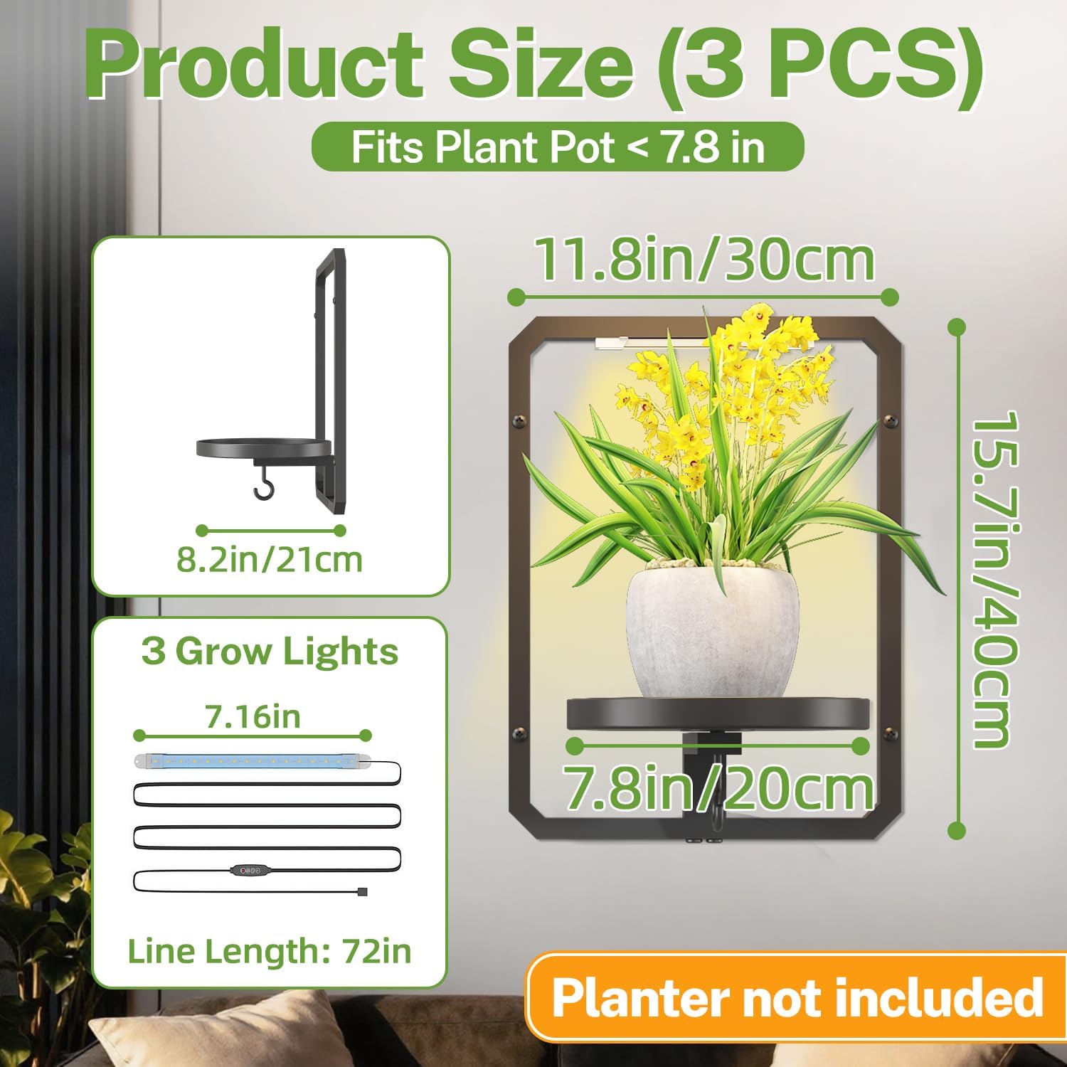 iDavosic.ly Wall Plant Picture Frame Holder Set of 3 & 3 Grow Lights, Black image 2