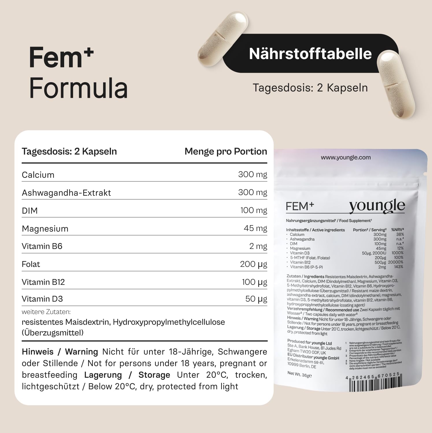 FEM+ Hormon Balance Kapseln - Unterstützung von Stressregulation & Östrogenstoffwechsel mit DIM & Ashwagandha - Frauen Longevity, Knochen & Nerven