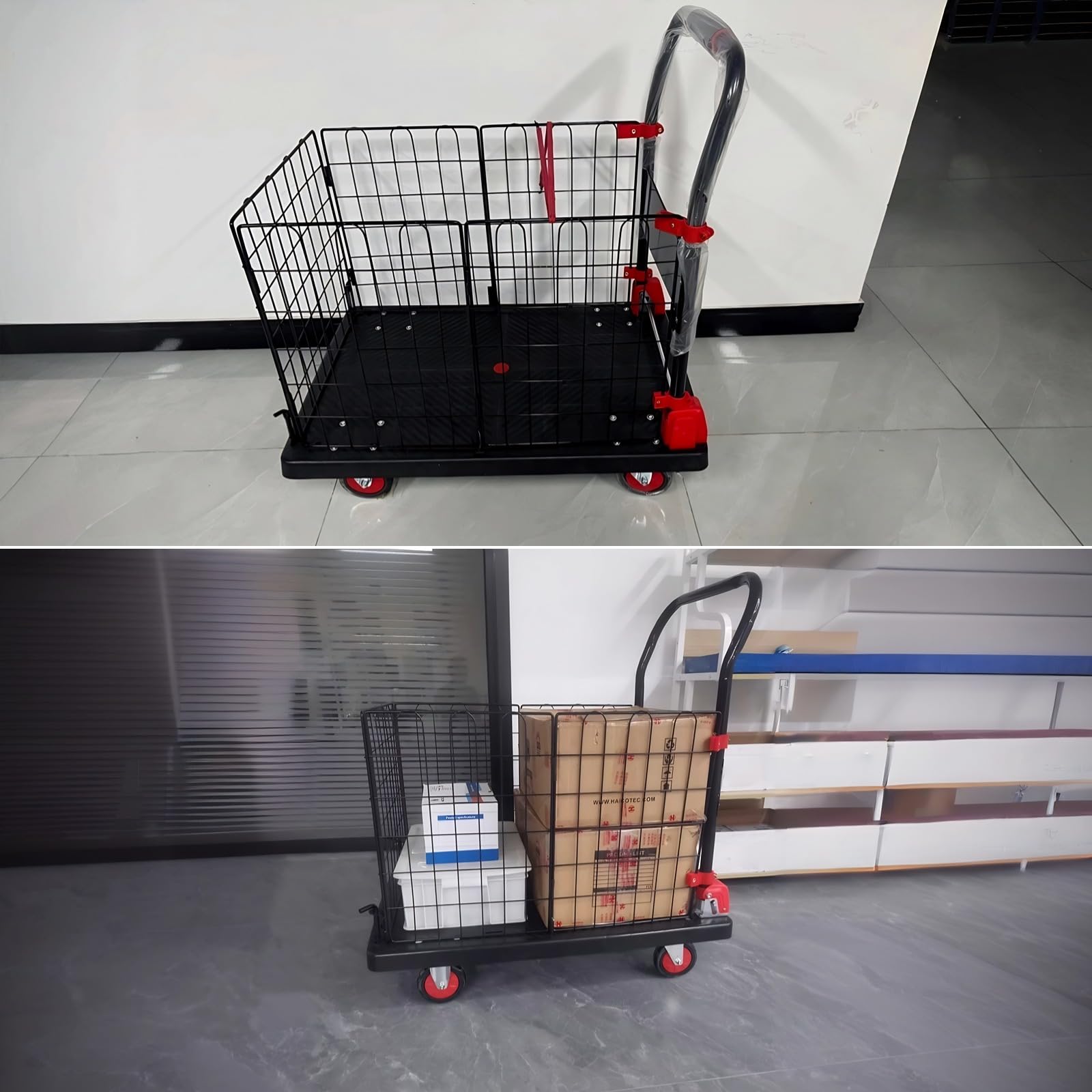 Wytrzymały wózek platformowy z odłączanym ogrodzeniem z drutu stalowego, nośność 400 kg, ciche koła TPR z hamulcem, idealny do przenoszenia i przechowywania Rozmiar: 90 x 60 x 100 cm