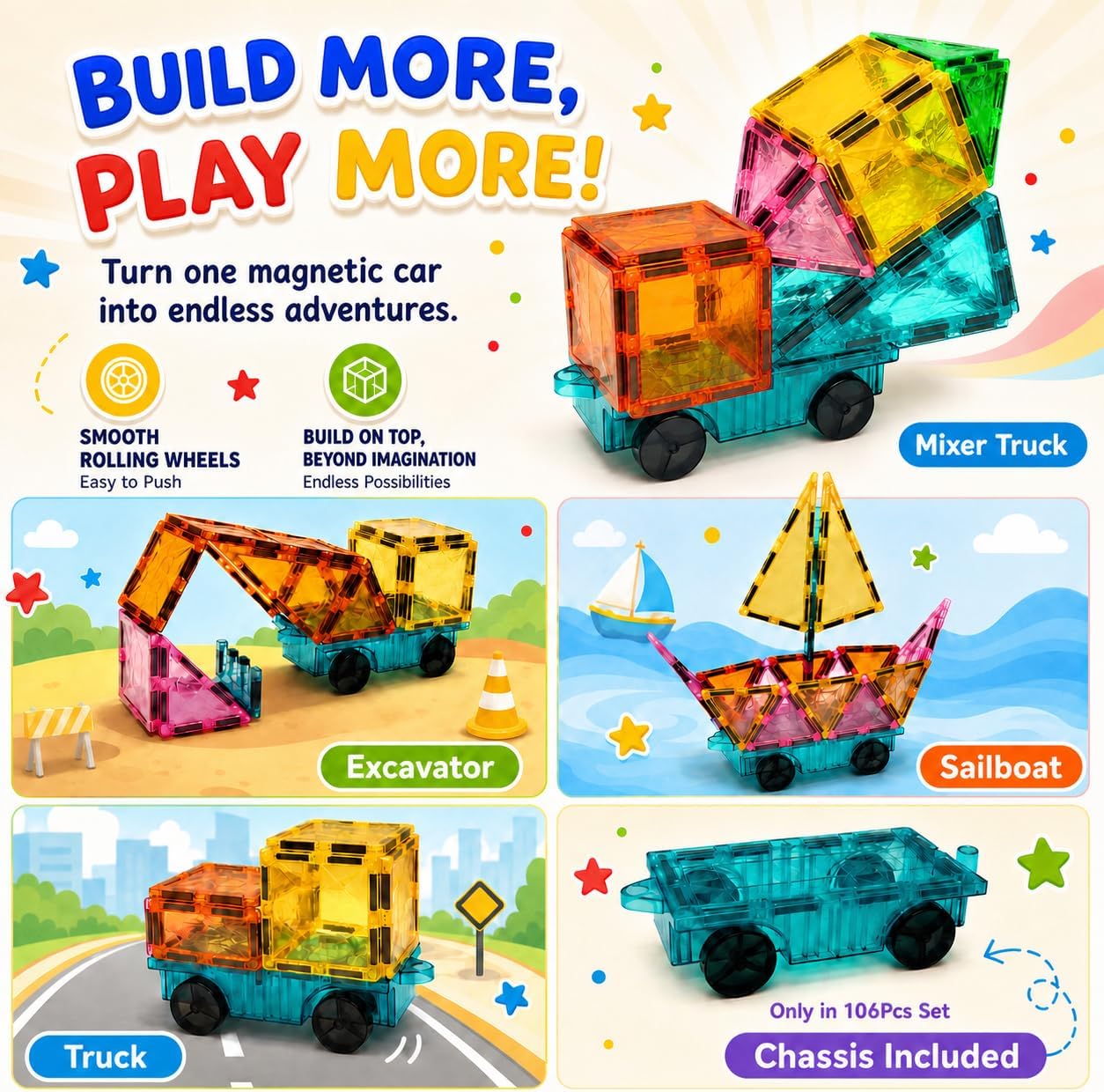 106-Piece Magnetic Tiles for Kids with Car, STEM Building Set | Standard 3-inch tiles, Encourages creativity, imaginative play, and early learning through hands-on exploration