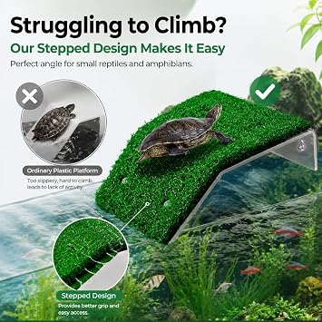 Mipukbay Large Turtle Basking Platform with Simulation Grass - Ideal Turtle Tank Accessories & Turtle Dock for Small Turtles, Frogs, Water Environment Loving Reptile or Amphibian Pets