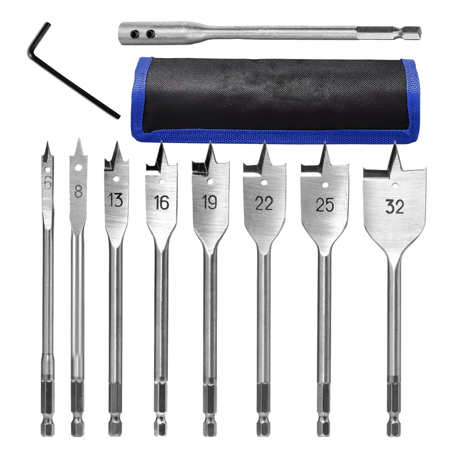 9-Teilig Flachfräsbohrer Set, 8x Flachfräsbohrer 6-32mm für Holz, Kohlenstoffstahl, Sechskantschaft, für Holzbearbeitung