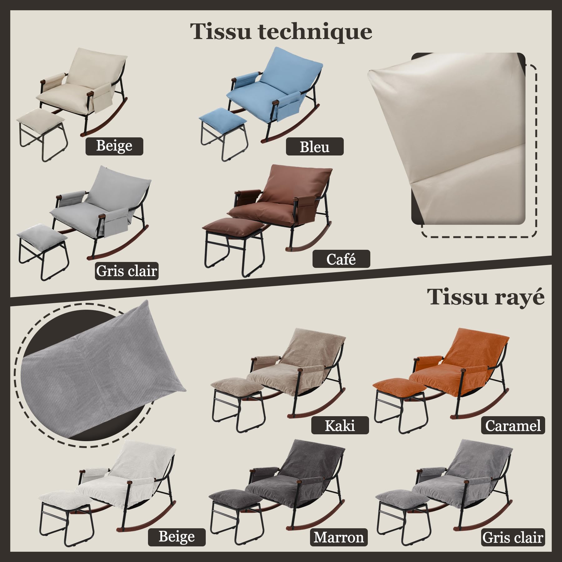 Fauteuil à Bascule Allaitement avec Repose Pieds, Poche latérale, Accoudoirs et Bases en Bois, Rocking Chair pour Salon, Chambre, Balcon, Chambre Bebe,Nursery, Tissu rayé, Marron