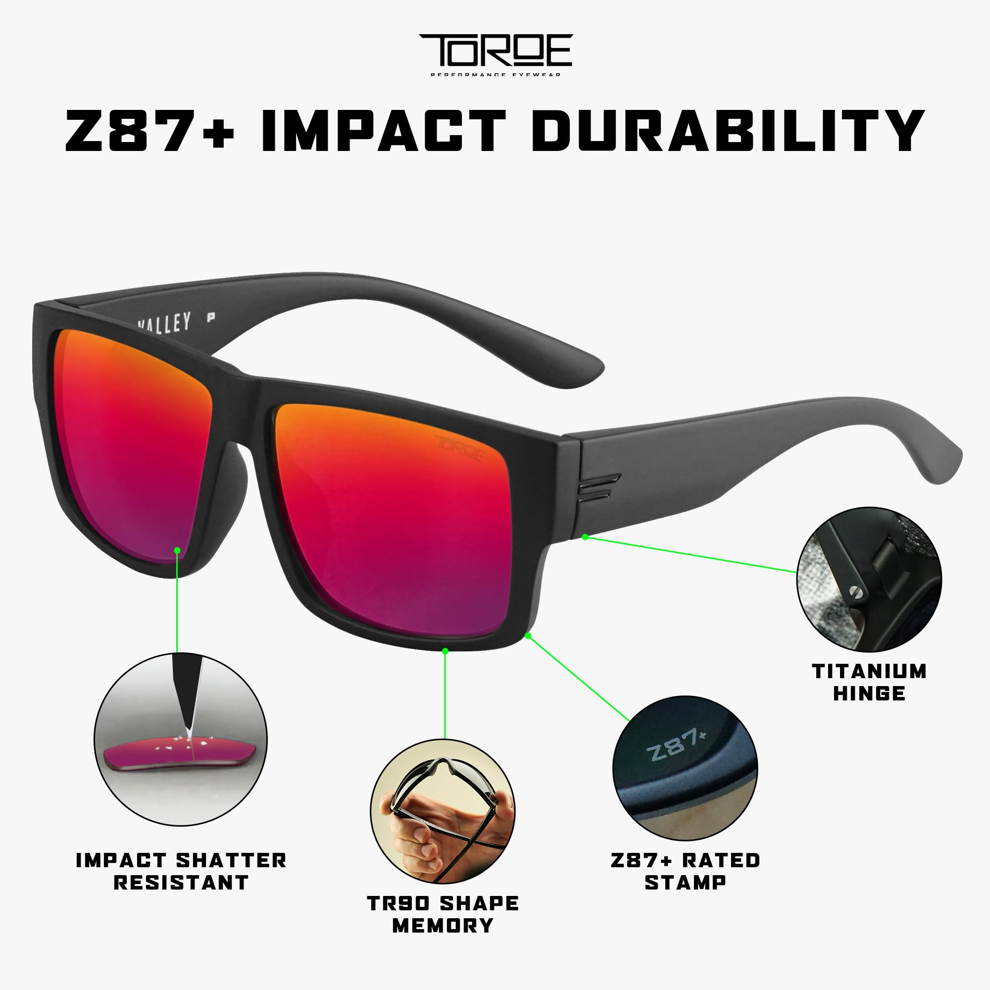 TOROE Z87+ Polarized Safety Sunglasses Matte Black TR90 Frame, ANSI Rated Lens: Matte Black | Black Emblem | Fuze