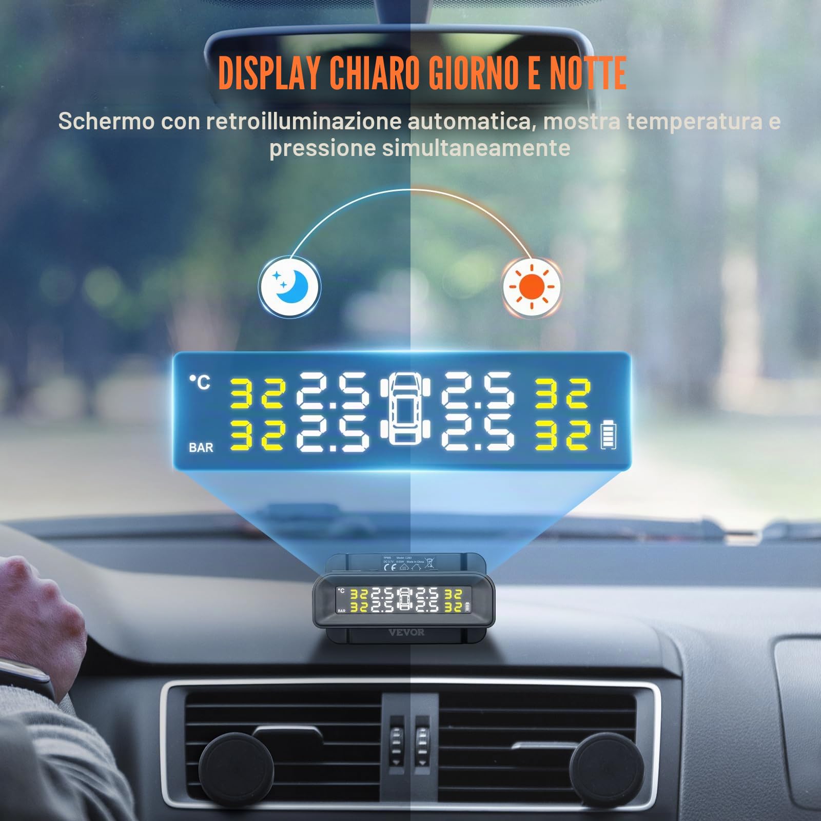 VEVOR Sistema di Monitoraggio Pressione dei Pneumatici per Camper 7.3-87psi Rimorchio TPMS Sistema di Allarme per Auto Wireless Universale Kit Sensore TPMS Impermeabile con Carica Solare 4 Sensori