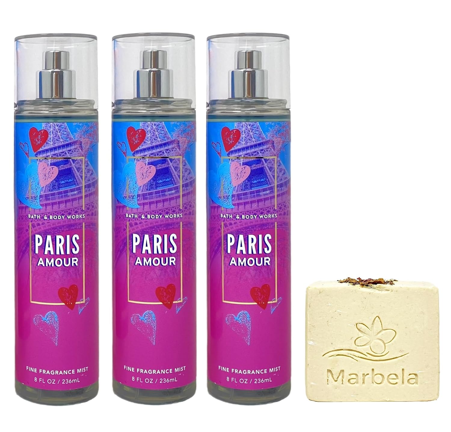 Bath & Body Works Paris Amour - 3 Pack Fragrance Mist Bundle with a Creamy Rose Bar Soap - Full Size