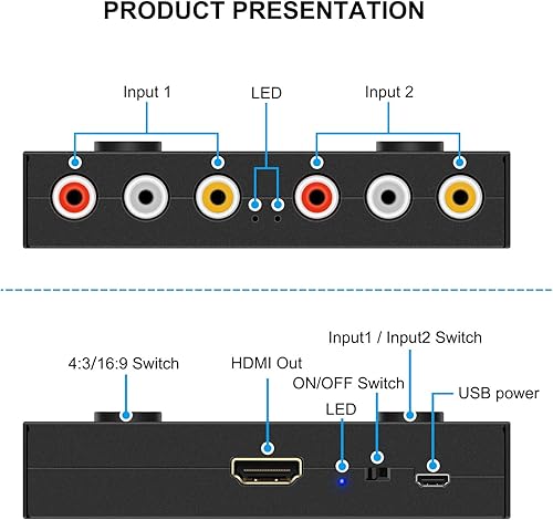 Miniatura 25 de 4 AV a HDMI, 1080P/720P 4 vías RCA compuesto CVBS AV Switch a HDMI convertidor adaptador compatible 4:3/16:9 conmutación, para Sega Xbox PS1 PS2 PS3