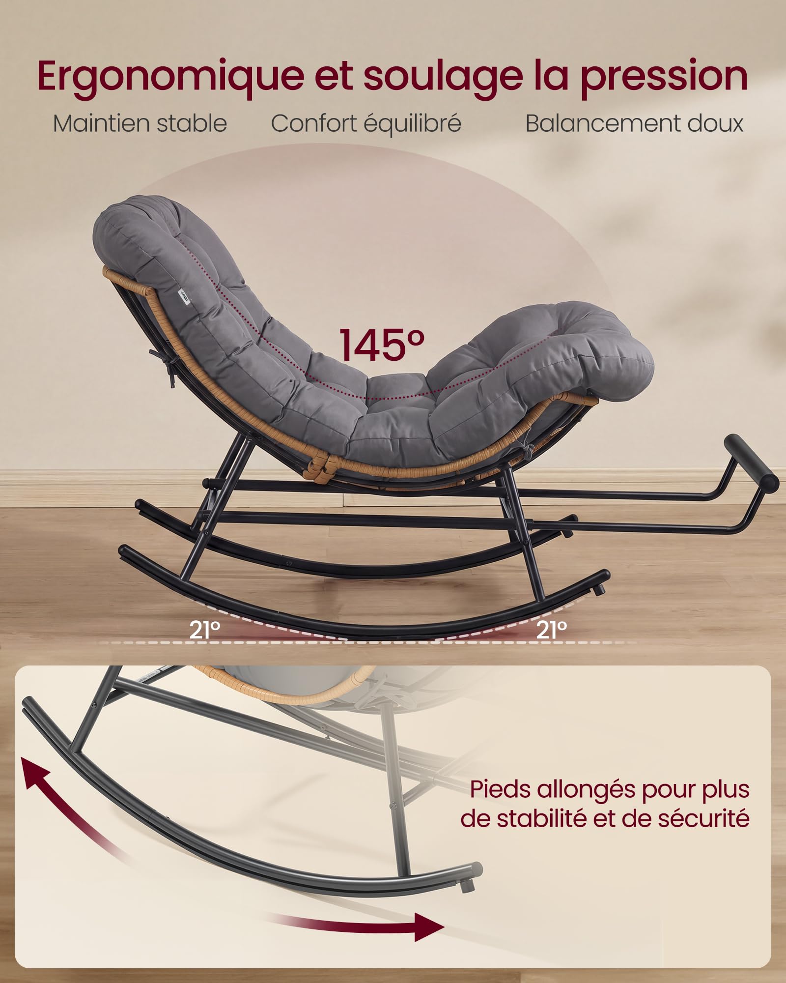 VASAGLE Fauteuil à Bascule, Fauteuil Cocooning, Structure en Acier, Repose‑Pieds Extensible, Coussin Amovible, Supporte Jusqu’à 136 kg, pour Chambre, Salon, Terrasse, Jardin, Gris LYY062GZ01