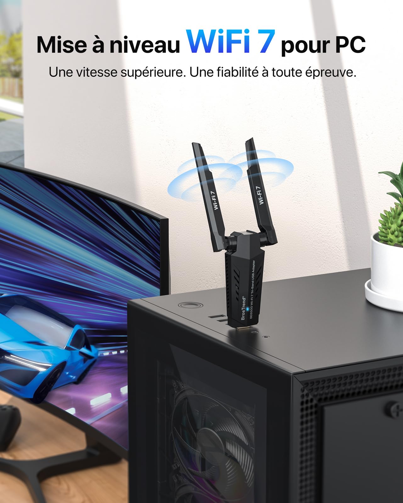 BrosTrend BE6500 Clé WiFi 7 USB 3.0 Tri-Bande 6GHz/5GHz/2.4GHz Longue Portée Antenne Wi-Fi PC Dongle Compatible Windows 11/10 WPA3