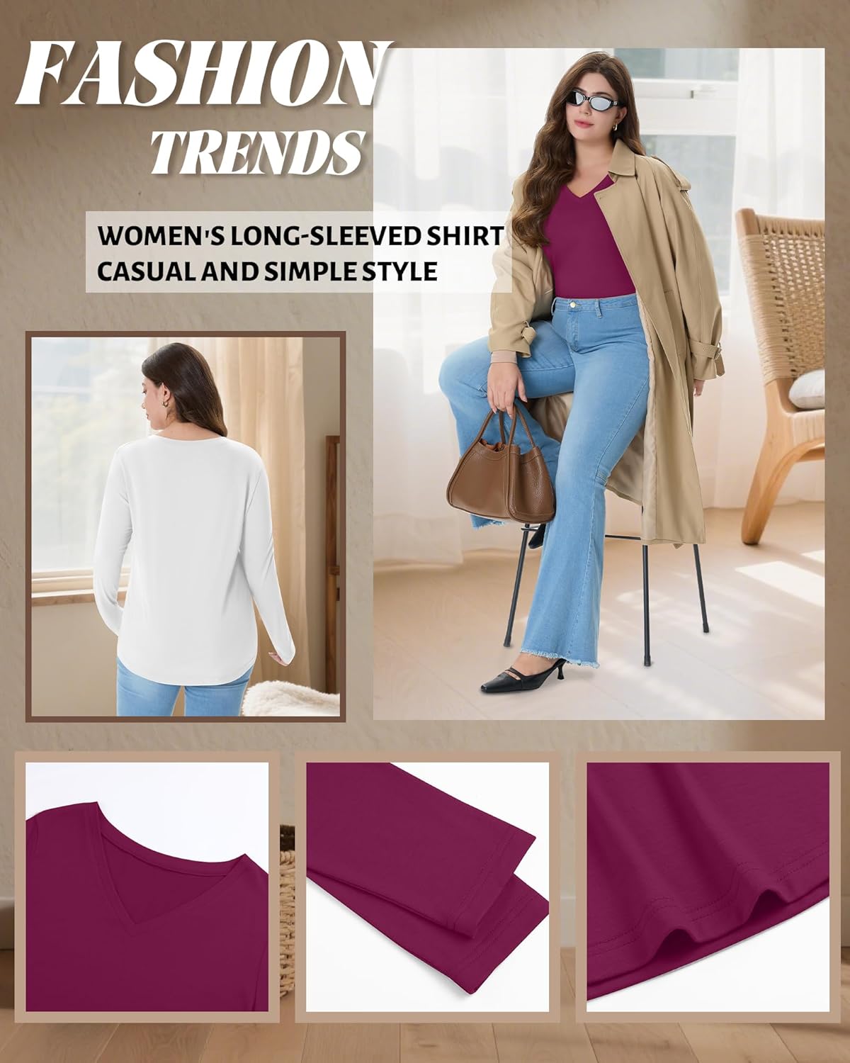 4 Pack Women's Plus Size T Shirts Long Sleeve V Neck Tops Basic Loose Fit Curved Hem Tunic Clothes - Image 4