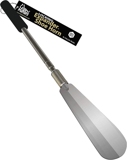 FootMatters Expander Shoe Horn Extra Long Handle Stainless Steel Twist to Lock Extends 16 to 31 inches