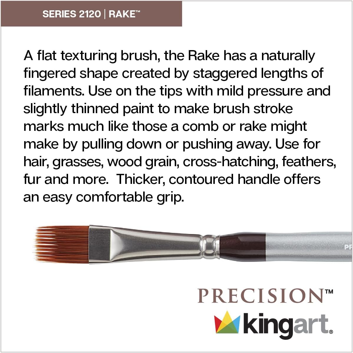 KINGART Precision 2120 Flat Rake Series Amber Taklon Brushes, Ergonomic Comfort Handle, Sizes: 1/8,1/4,1/2, Set of 3