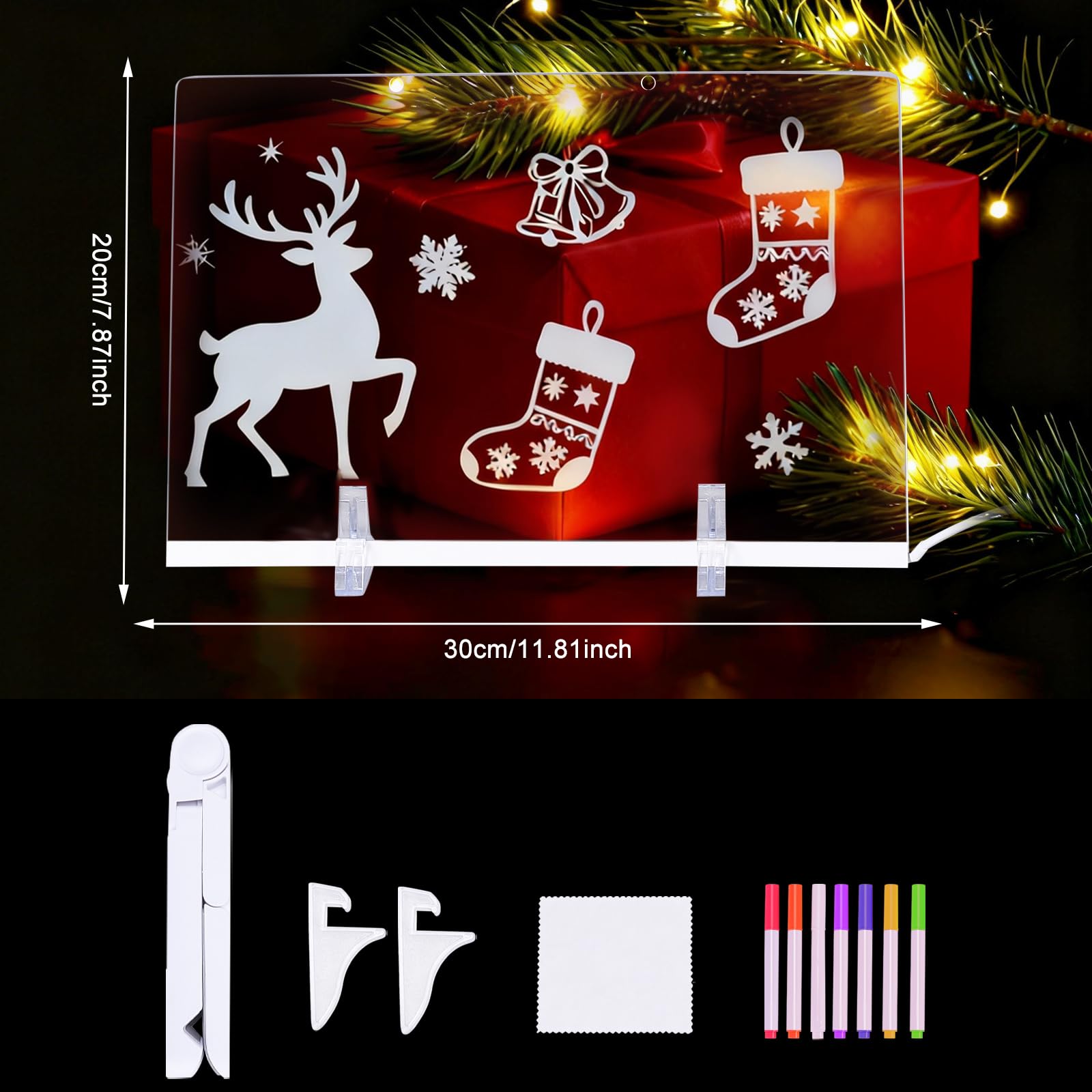 Farnirvana Lavagnetta Cancellabile Bambini, 30x20cm Lavagnetta in Acrilico con Luci LED, Con 7 Colori penna e 2 supporto, per Ristoranti，Scuola, Bar, Casa, Ufficio, Natale