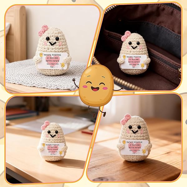 Cadeau Meilleure Amie - Patate Positive Artisanale en Coton - Cadeau Amie pour Examen Diplôme ou Soutien - Poupée Crochetée avec Carte de Vœux Surprise pour Bureau et Sac - 4