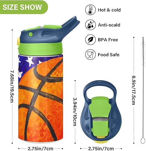 Miniatura 3 de MCHIVER Botella de agua de baloncesto con popote para niños con la bandera de Estados Unidos, con aislamiento de acero inoxidable, termo para la