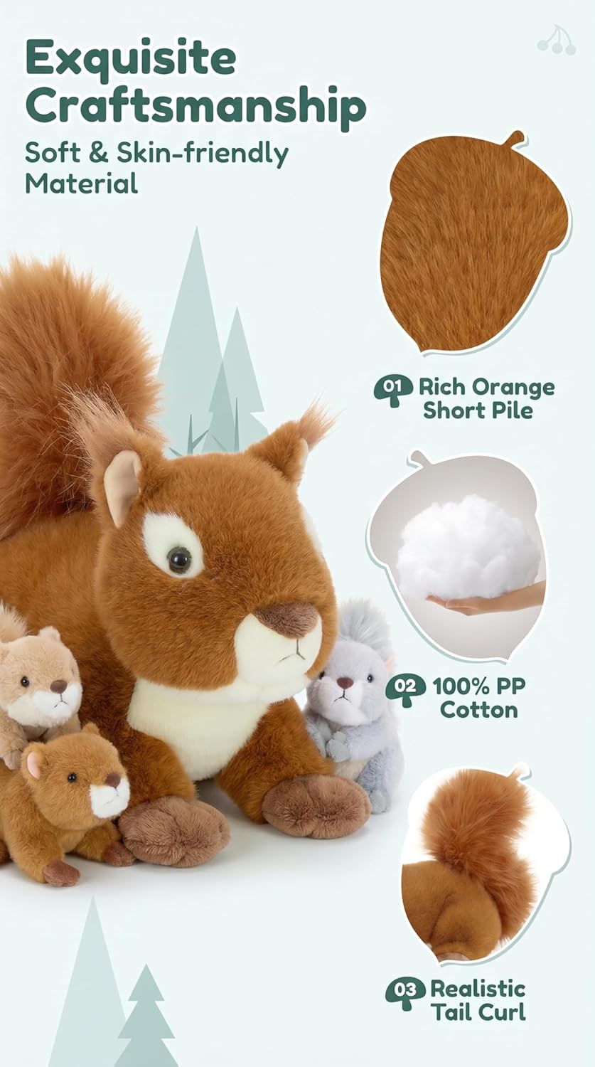MaoGoLan 4Pcs Squirrels Stuffed Animal, Realistic Red Squirrel Plush Toys with 3 Baby Squirrels for Small Hand,Adorable Stuffed Squirrels Gift for Forest Animal Lover,Girls,Boys,Kids,Baby Shower