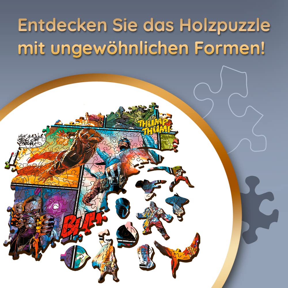 Trefl - Holzpuzzle: Marvel Comic Universe - 1000 Elemente, Wood Craft, Holzhandwerk, unregelmäßige Formen, 100 Superheldenfiguren und -Attribute, Premium-Puzzle, holzpuzzle Erwachsene