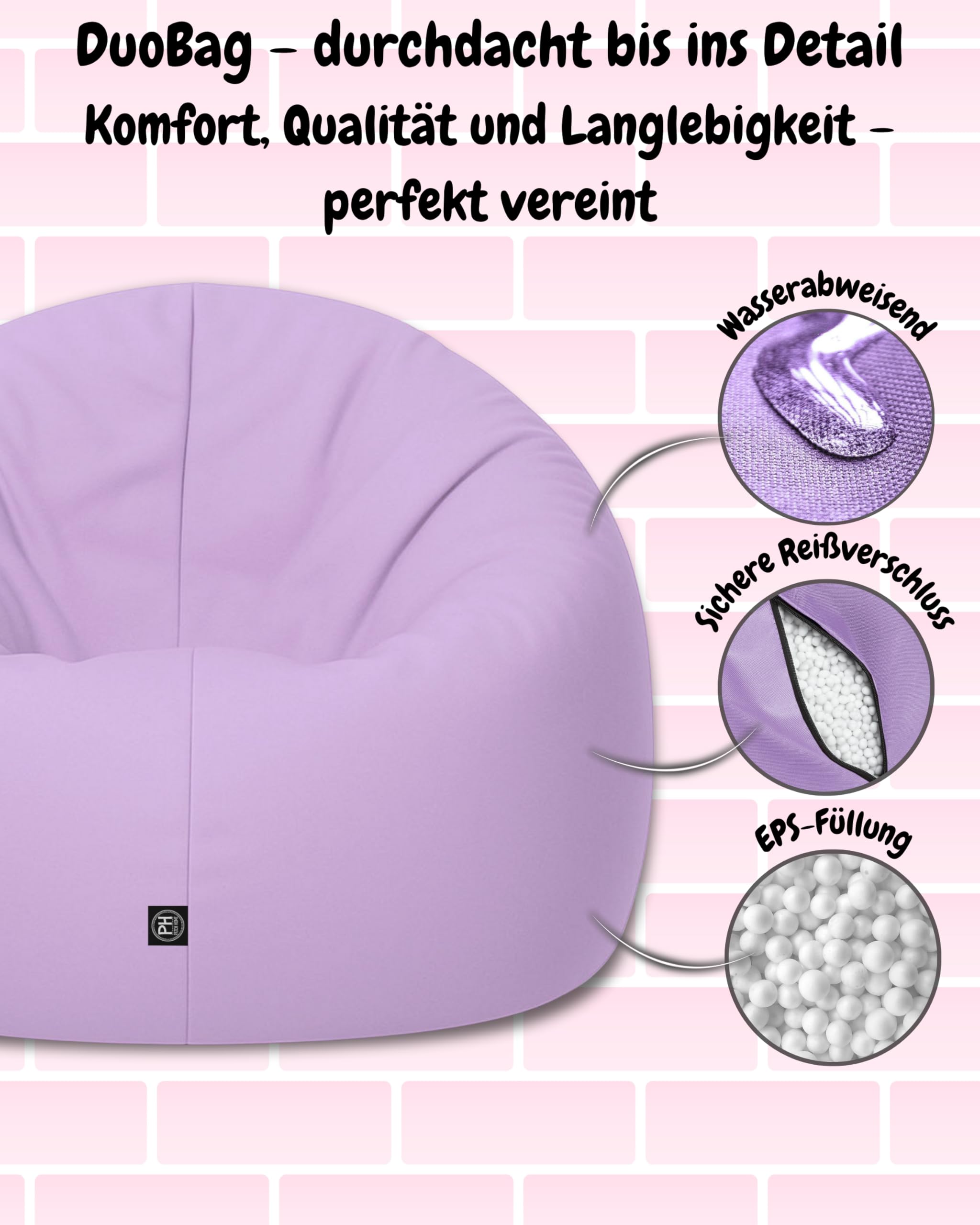 Patchhome Bean Bag worek/poduszka do siedzenia 2 w 1, średnica 100 cm, kolor liliowy optymalnie napełniona