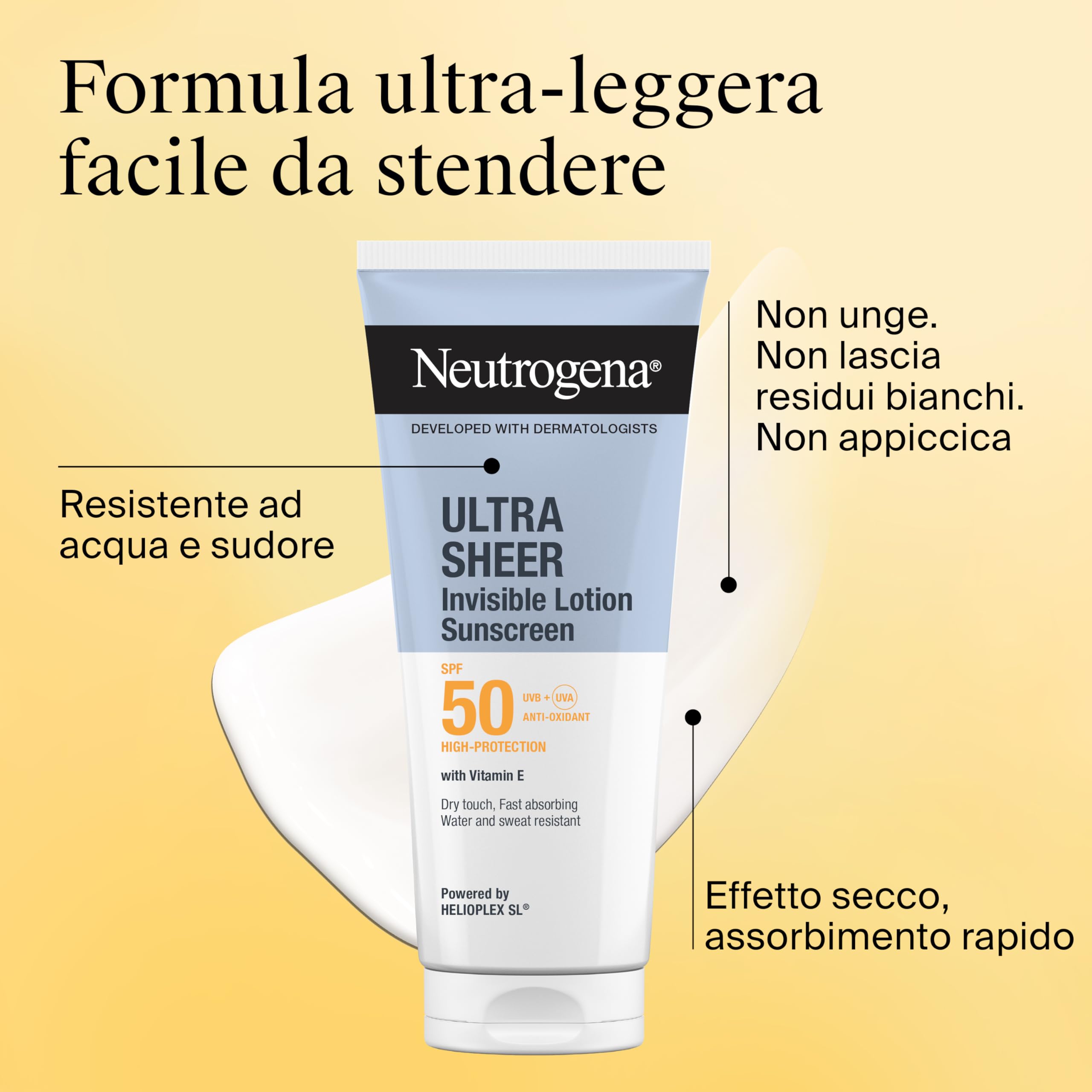 Neutrogena Ultra Sheer Lozione Idratante Invisibile Protezione Solare SPF 50 200 ml, Crema solare 50 viso e corpo con Vitamina E, Waterproof, Per tutti i tipi di pelle, Ultra-leggera, Senza profumo