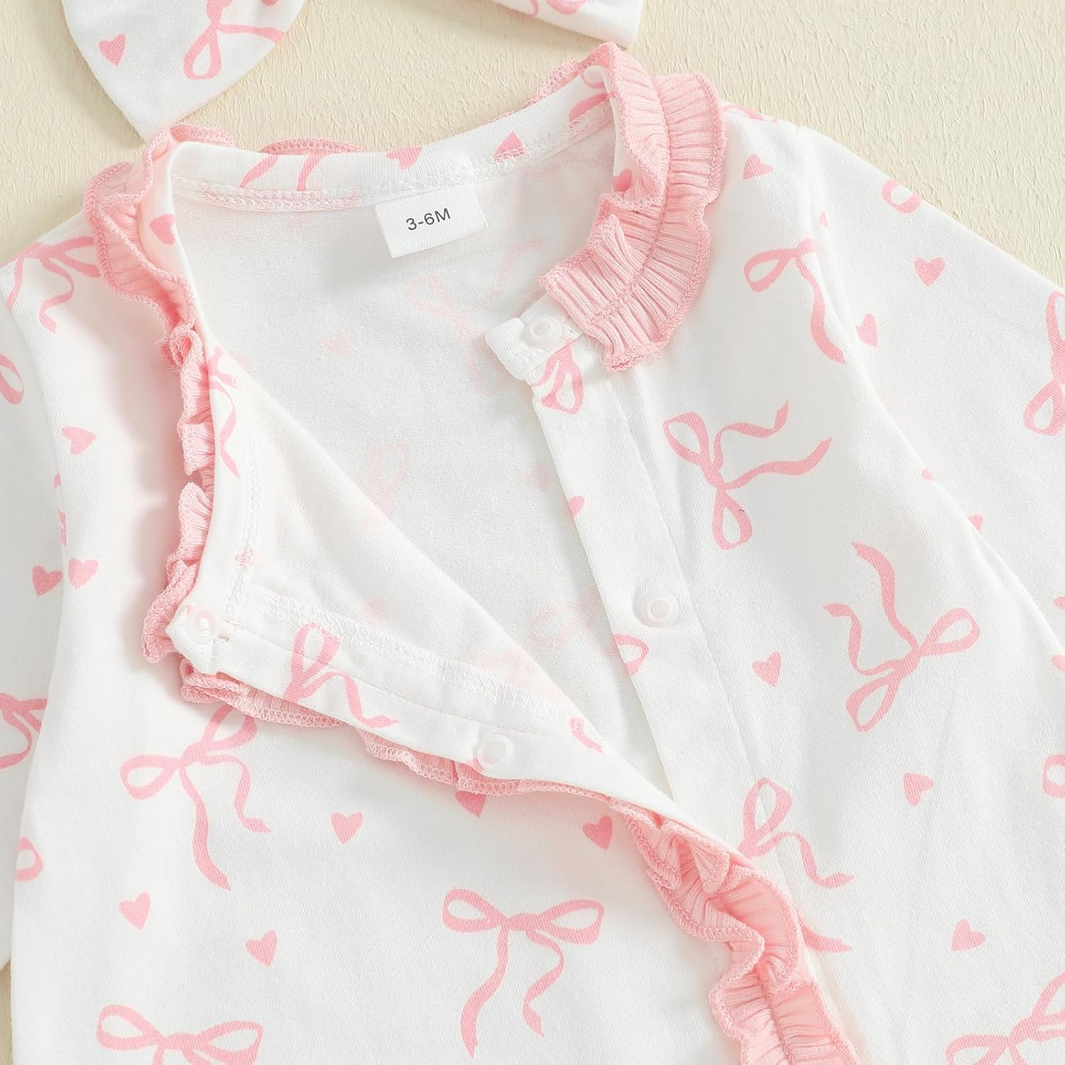 BULINGNA Newborn Baby Girl Coming Home Outfit Bow Print Jumpsuit Ruffle Zipper Footed One-Piece Romper Clothes with Headband - Image 6