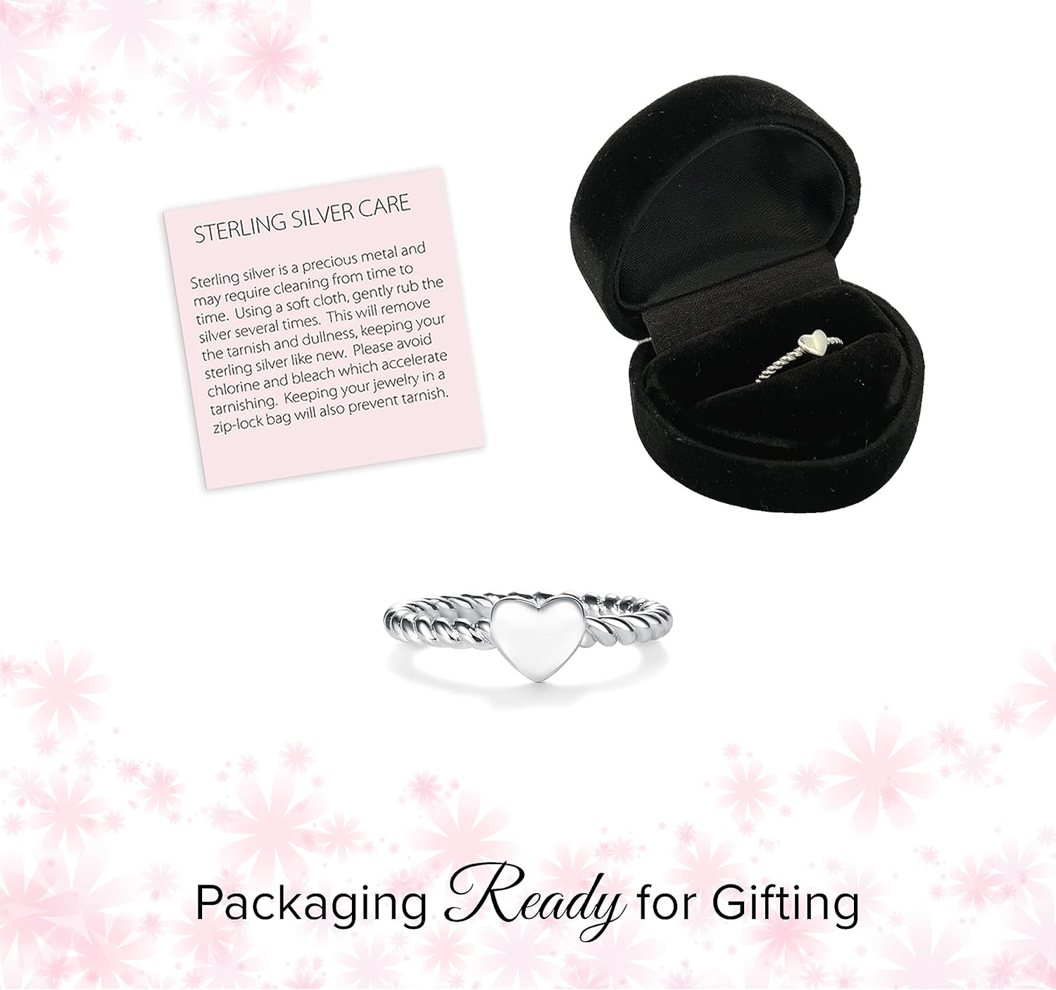Precious Pieces .925 Sterling Silver Twisted Rope Band Baby Ring with Heart for Babies, Infants, Toddlers, Little Girls, Stackable or Pinky Ring for Teens and Women