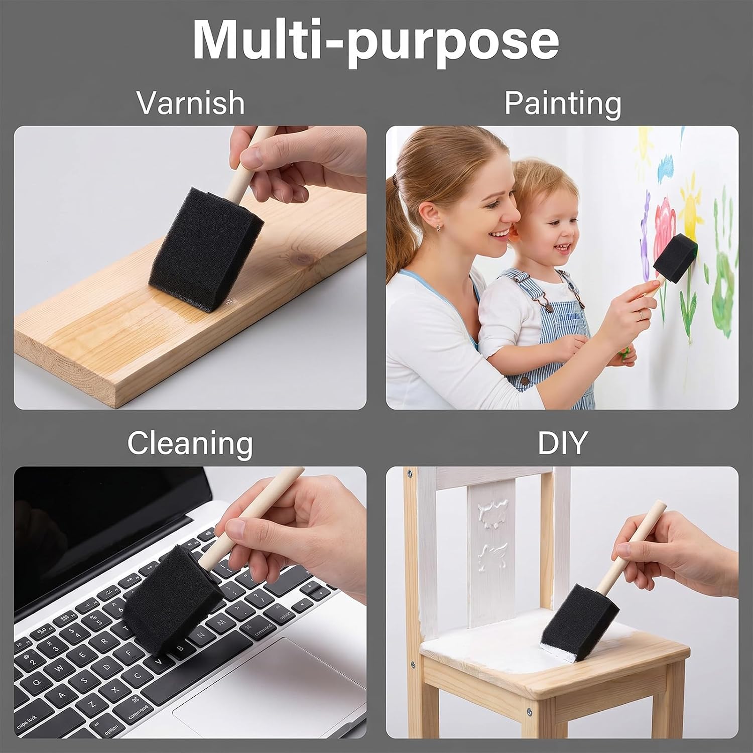 100 Pack 2 Inch Foam Paint Brushes, Black Sponge Brush Set with Wood Handles, Bulk Foam Brush for Stains, Varnishes, Acrylics, Crafts, DIY Projects, Smooth Finish