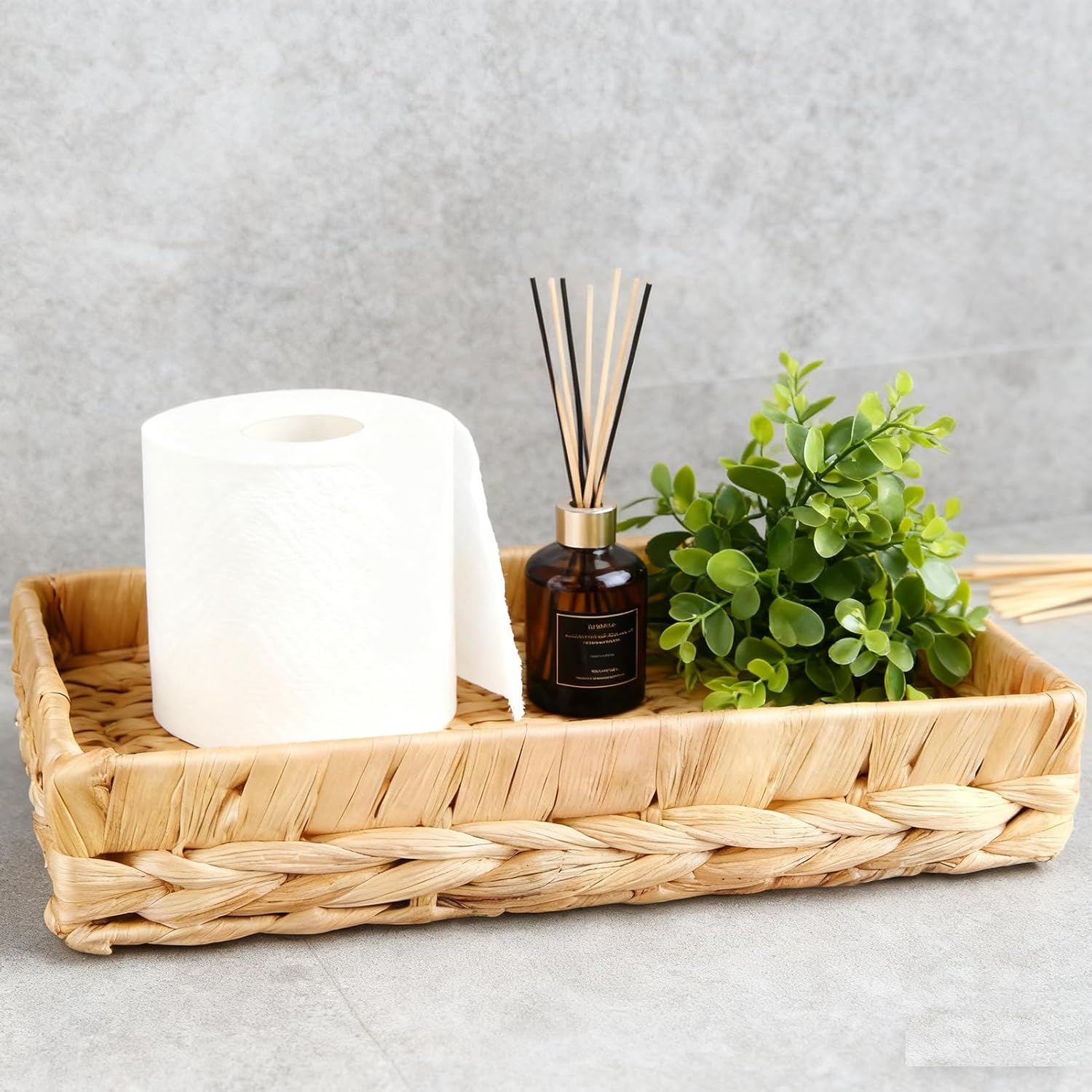 PENGARO 10" Water Hyacinth Wicker Bathroom Tray - Over Toilet Tank Organizer, Rustic Rattan Storage Basket for Towels, Toiletries & Home Decor