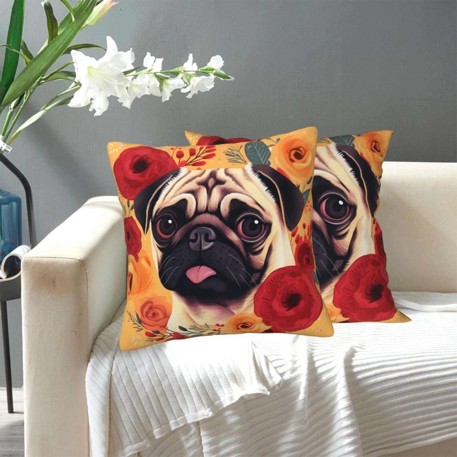 FekiLoot Decorative Throw Pillow Covers Modern Farmhouse Pillowcase Double Sided Cozy Cushion Cover for Sofa Couch Bed 16"X16" Pug Flower