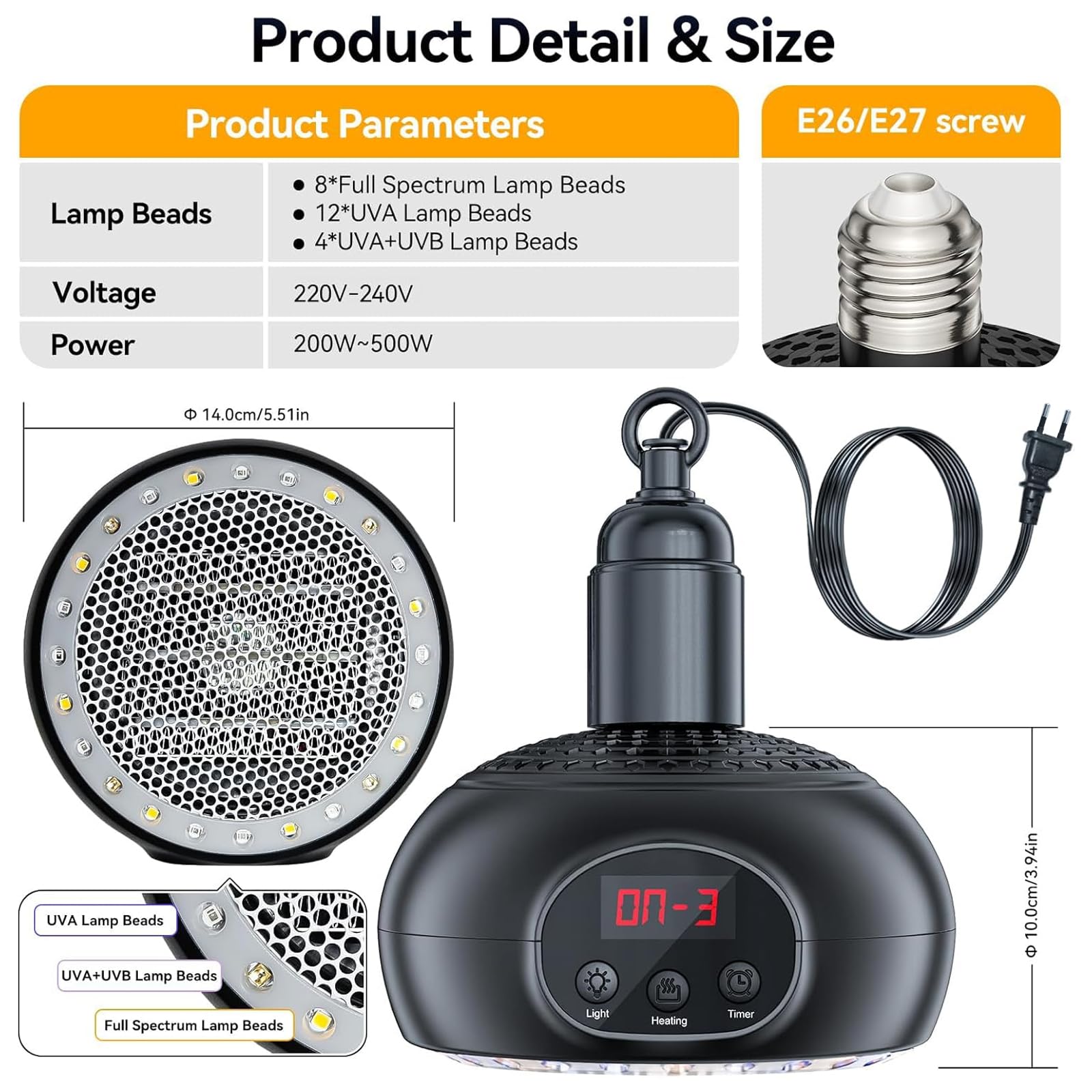 Wärmelampe für Hühnerstall, 200W-350W-500W Heizlampe für Reptilien Küken mit UVA/UVB Licht 3-6-9-12H Timer, Wärmestrahler Gewächshäuser Haustiere für Hühnerstall Reptilien Hunde und Katzen