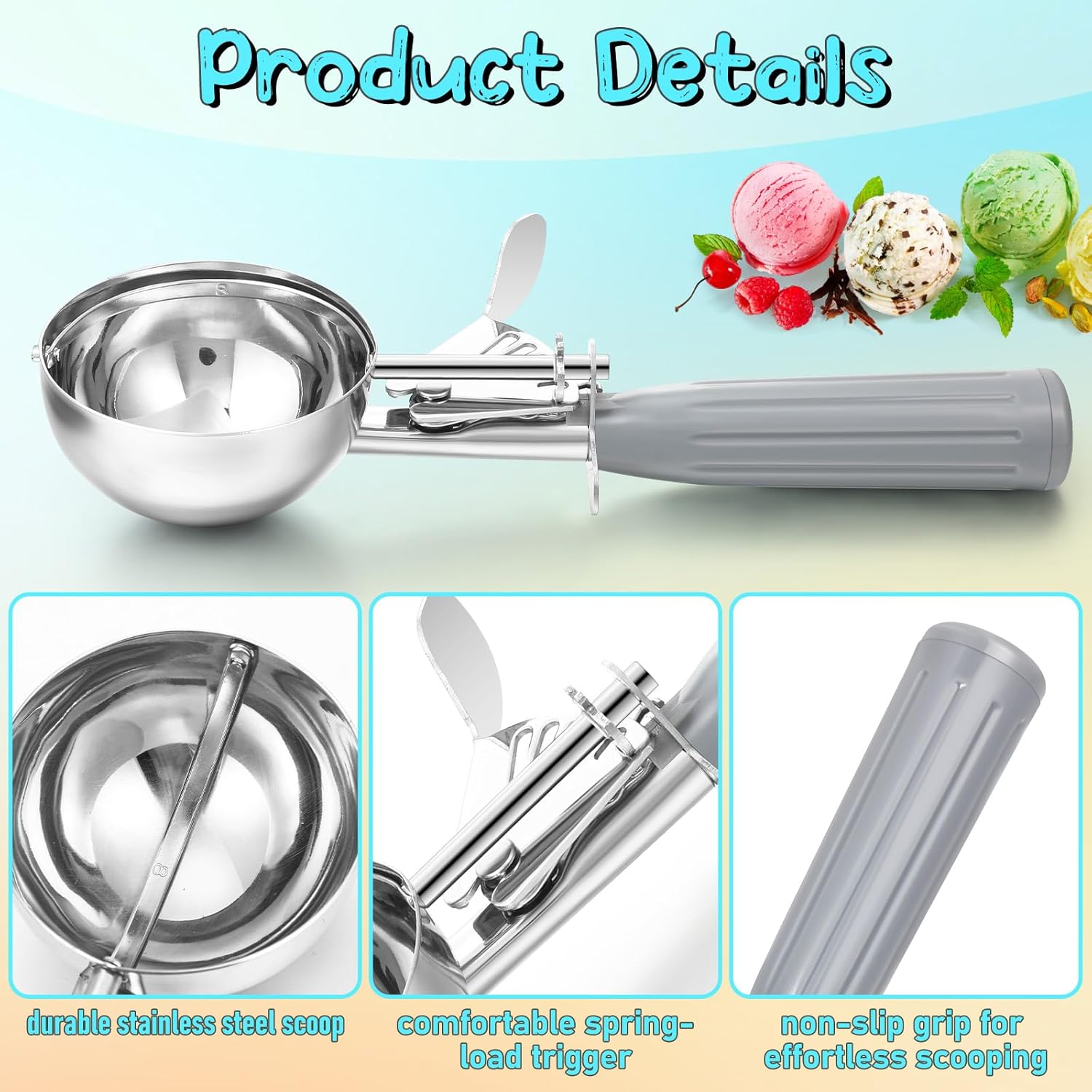 8 Pcs Release Cookie Scoops Ice Cream Scooper with Trigger Release Portion Scoop Stainless Steel for Portion Control, Baking Food, Cookie Dough (4 oz,Gray)