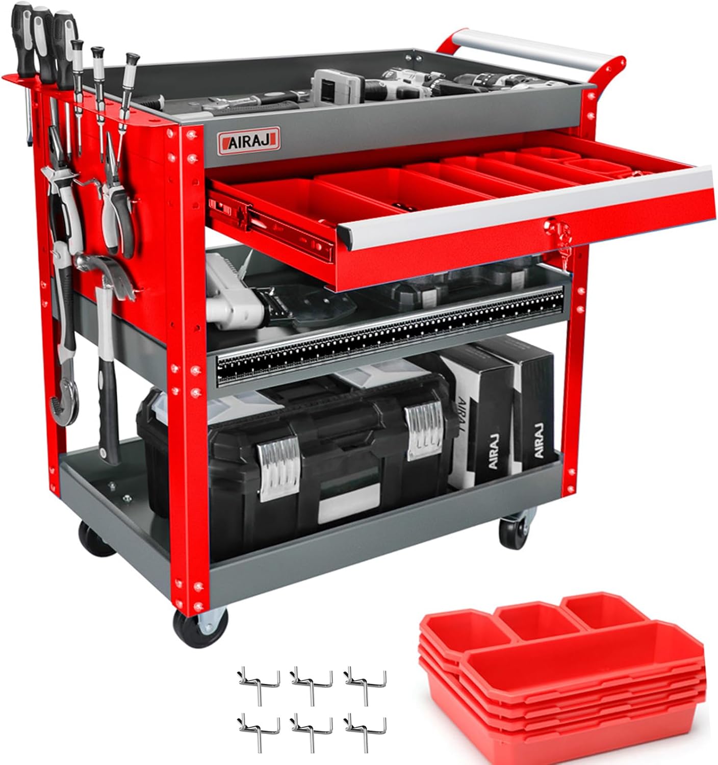 Tool Cart,27.5" 3 Tier Tool Cart on Wheels,Utility Industrial Service Cart with Drawers,Pegboard and Locking System,Suitable for Garage,Warehouse,Mechanic,440LBS Load,Black