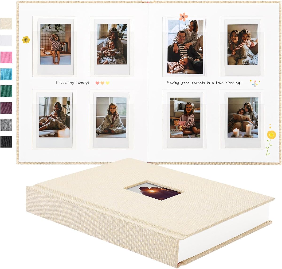 Instax Mini Photo Album with Writing Space, 112 Pockets, Beige | Compatible with 2x3 inch & Polaroid Pictures, Recessed Clear Pockets, Wedding Guest Book and Family Memories