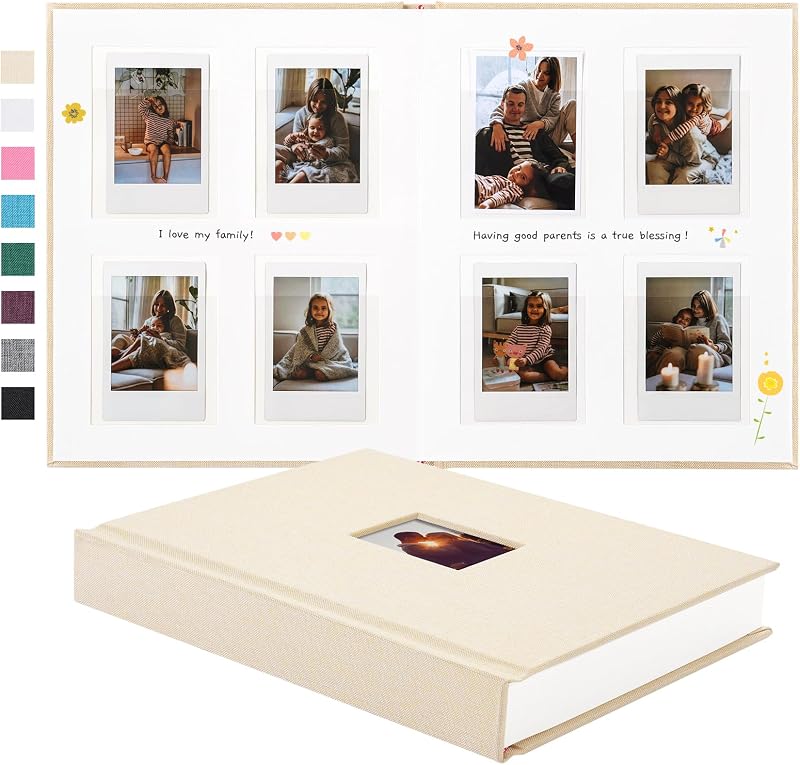 Instax Mini Photo Album with Writing Space, 112 Pockets, Beige | Compatible with 2x3 inch & Polaroid Pictures, Recessed Clear Pockets, Wedding Guest Book and Family Memories