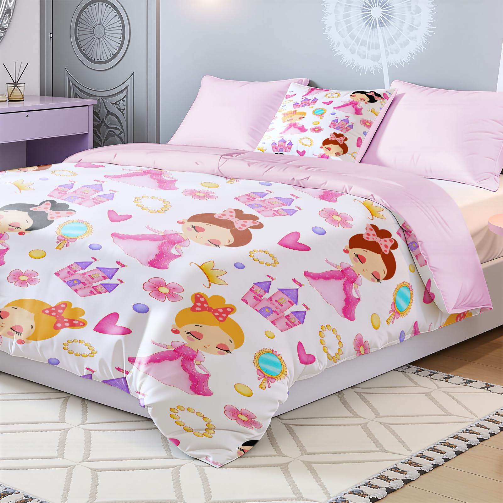 Wajade Princess Single Duvet Set with 1 Pillowcases Coverless Duvet with Princess Pattern Washable Reversible All Seasons Lightweight Warm - 135 x 200cm