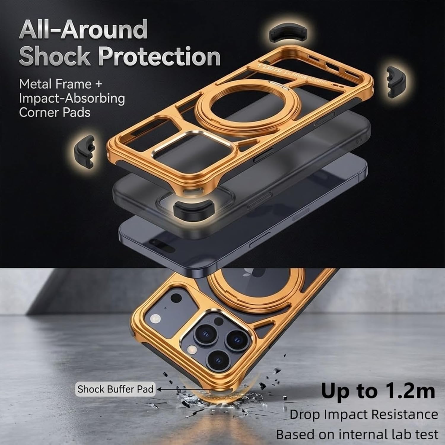 Metal Frameless Case for iPhone 17 Pro Max/17 Pro/17, Electroplated Skeleton Hollow Heat Dissipation, Compatible with MagSafe, Shock Absorbing Silicone Pads, Aluminum Armor(Black,17)