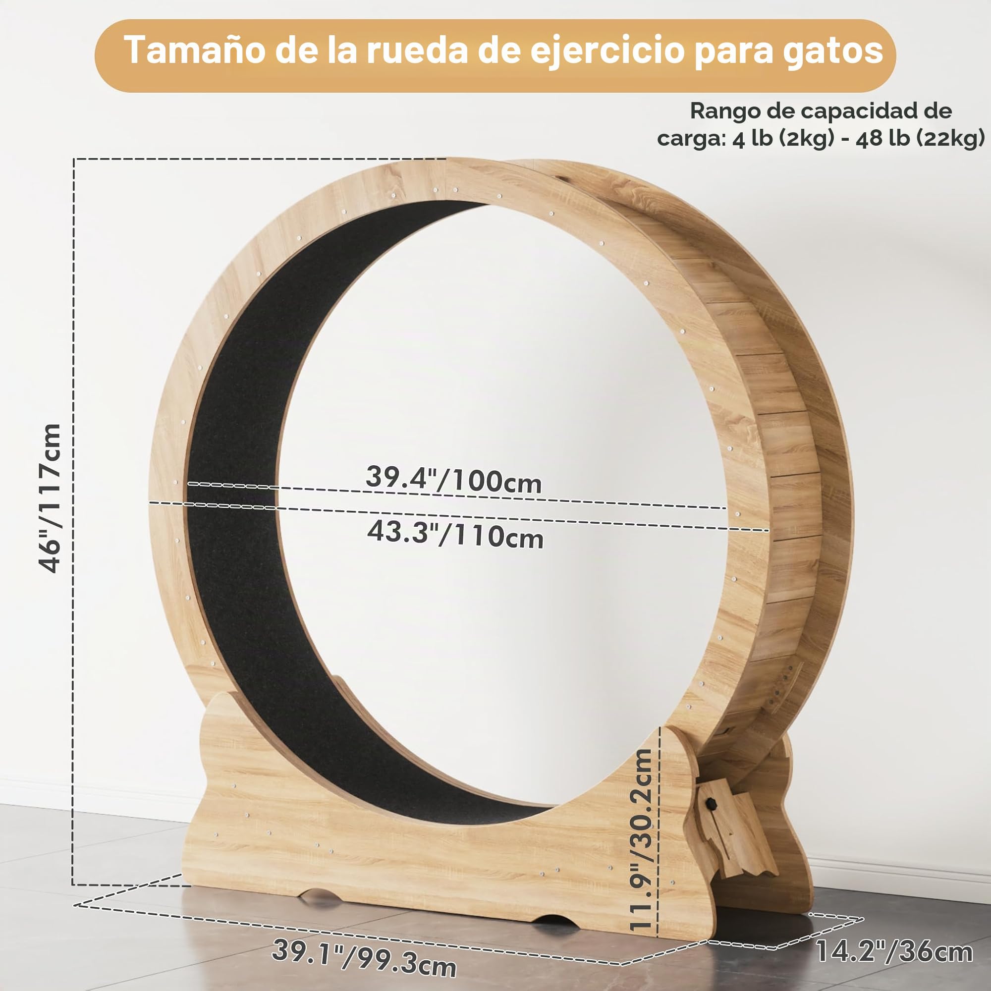 Mondeer Rueda para gatos, ejercicio para gatos de interior con pista alfombrada, cinta de correr XL de 43.3 pulgadas con alfombra extraíble, para correr y caminar (madera natural)