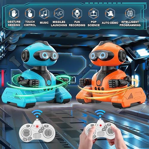 Miniatura 2 de VATOS 2 piezas de juguetes de robot RC para niños, robots emo recargables de control remoto con música y ojos LED brillantes, cabeza y brazos